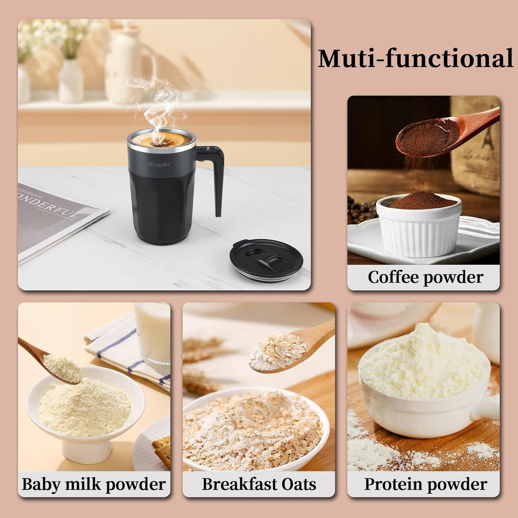 Self Stirring Coffee Mug with Temperature Display, Rechargeable Stirring Mug, Automatic Self Stirring Cup with Lid, for Coffee, Milk and Other Beverages, Black