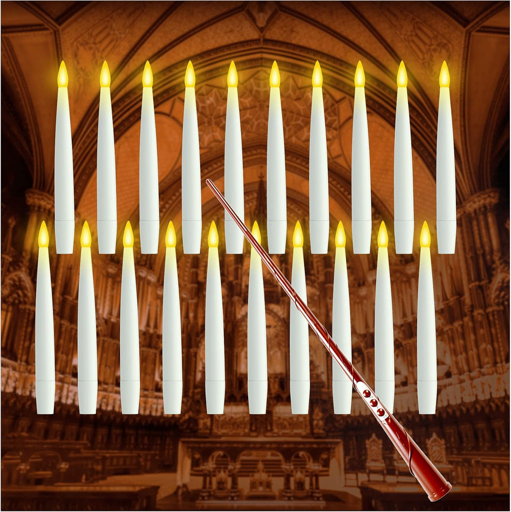 Halloween Decorations, 20 Pcs Floating Candles with Wand Magic Hanging Candles, Flickering Warm Light Flameless Floating LED Candle with Wand Remote, Battery Operated Taper Candle Set for Theme Party