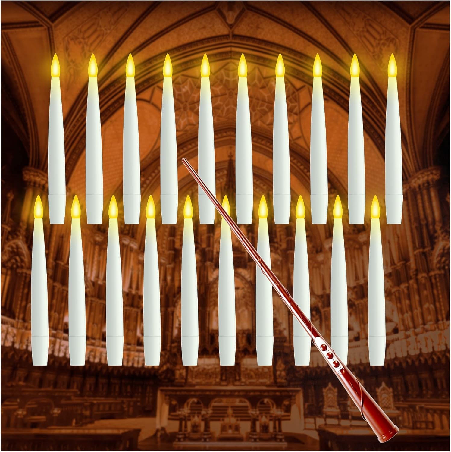 Halloween Decorations, 20 Pcs Floating Candles with Wand Magic Hanging Candles, Flickering Warm Light Flameless Floating LED Candle with Wand Remote, Battery Operated Taper Candle Set for Theme Party