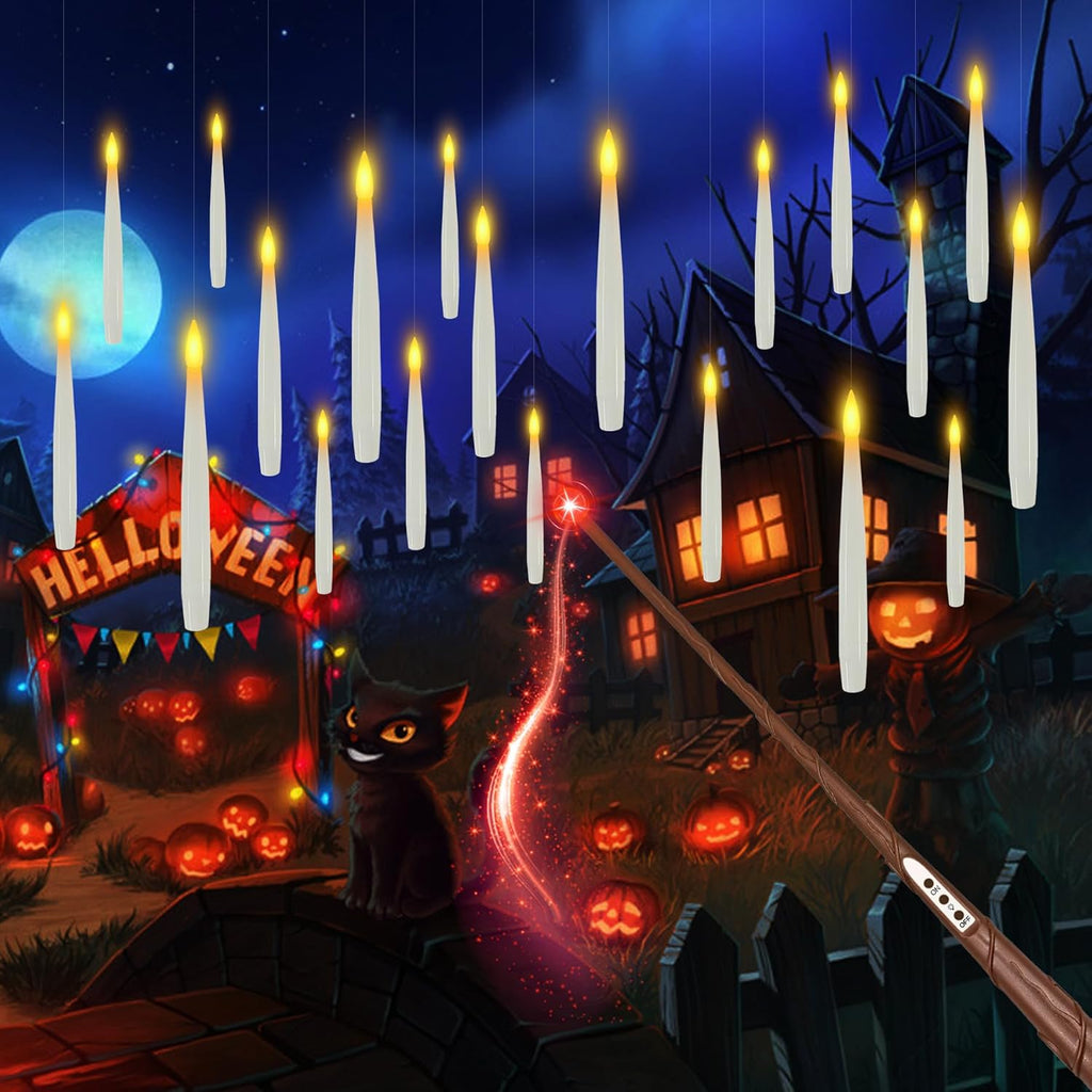 Halloween Decorations, 20 Pcs Floating Candles with Wand Magic Hanging Candles, Flickering Warm Light Flameless Floating LED Candle with Wand Remote, Battery Operated Taper Candle Set for Theme Party