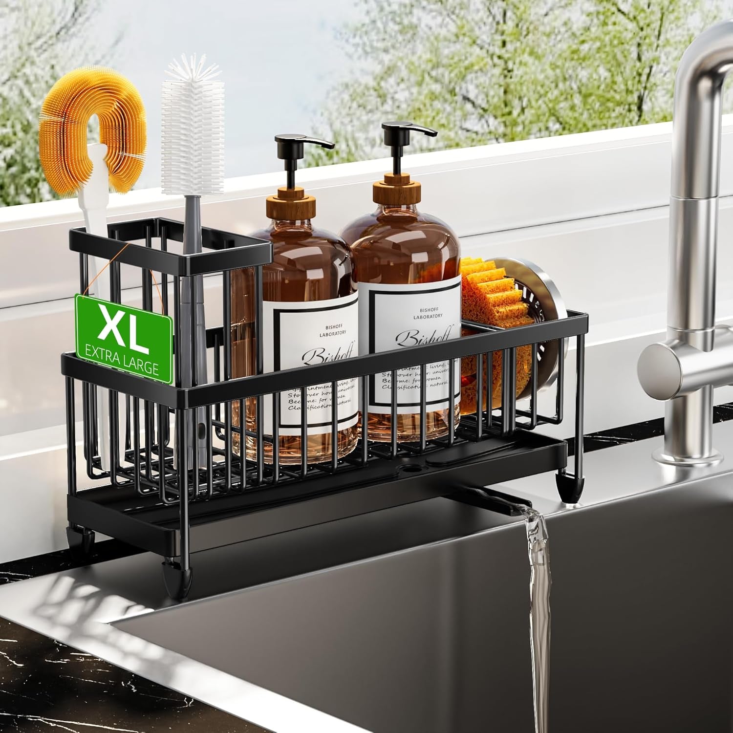 Black Sponge Holder for Kitchen Sink, Sink Caddy Organizer with High Brush Holder, Kitchen Countertop Organizers and Storage Essentials, Rustproof 304 Stainless Steel, Soap Dispenser Organize