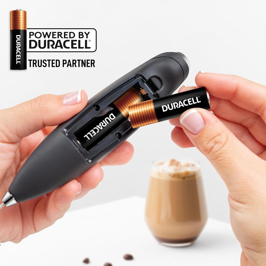 Powerful Milk Frother Wand with 2 Duracell Batteries - Ultra Fast Handheld Drink Mixer - Electric Whisk Foam Maker for Coffee, Lattes, Cappuccino, Matcha, Hot Chocolate & Creamer - Black