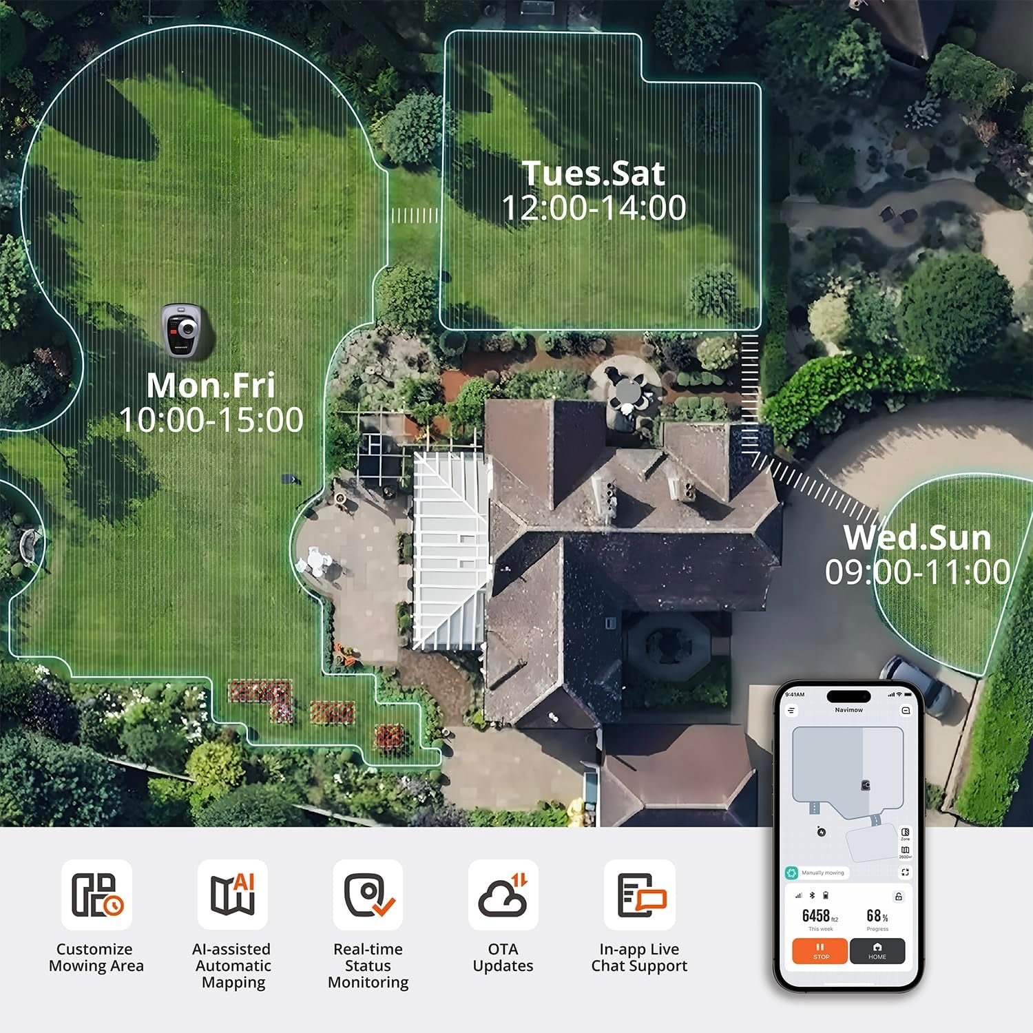 Segway  I105N Robot Lawn Mower Perimeter Wire Free 1/8 Acre Rtk+Vision Robotic Lawnmower, Ai-Assisted Mapping, Virtual Boundary, APP Control, 58Db(A) Quiet, Multi-Zone Management
