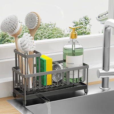 Black Sponge Holder for Kitchen Sink, Sink Caddy Organizer with High Brush Holder, Kitchen Countertop Organizers and Storage Essentials, Rustproof 304 Stainless Steel, Soap Dispenser Organize