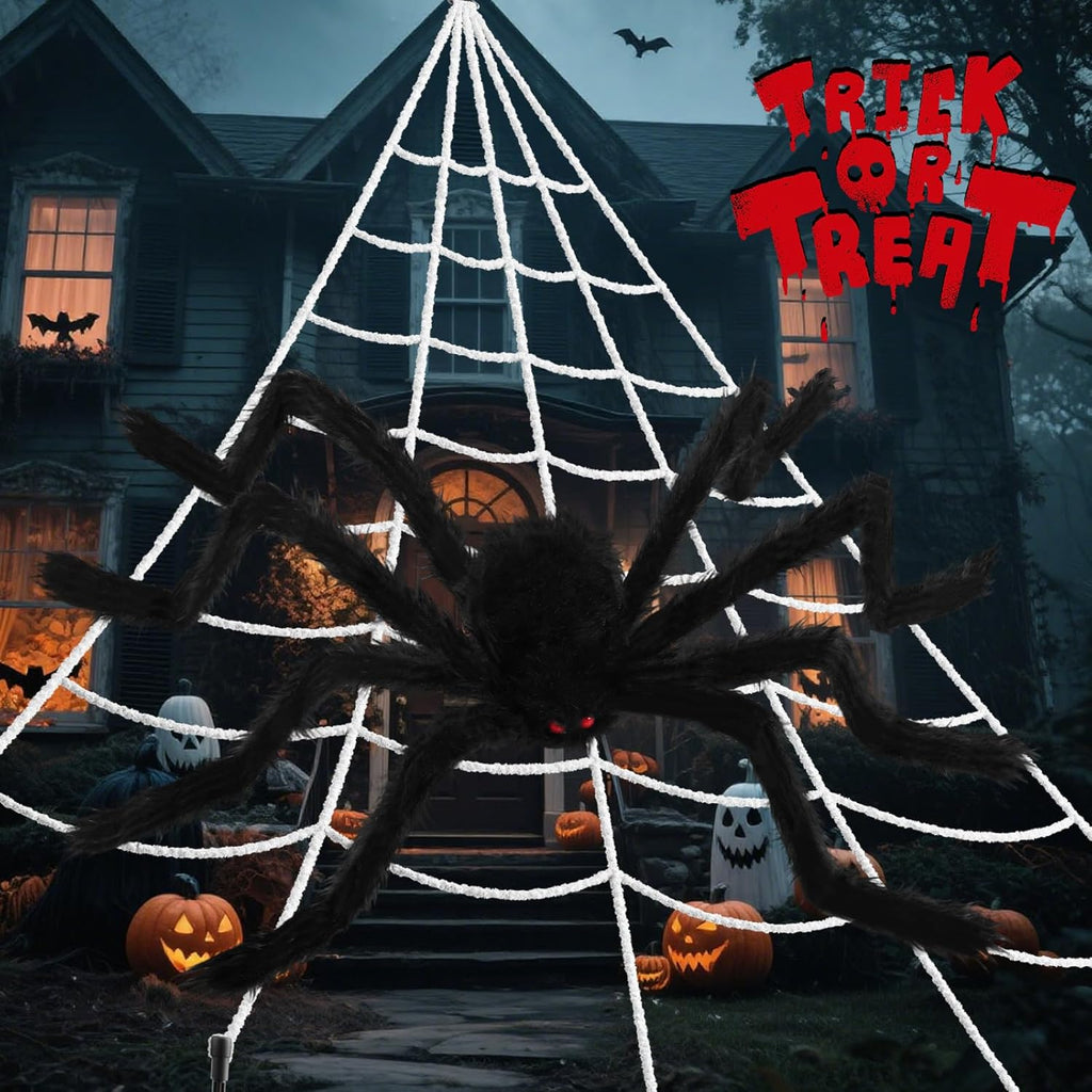 240'' Big Spider Web Halloween Decor+70'' Huge Spider for Roof with Triangular Big Web for on House outside and Inside