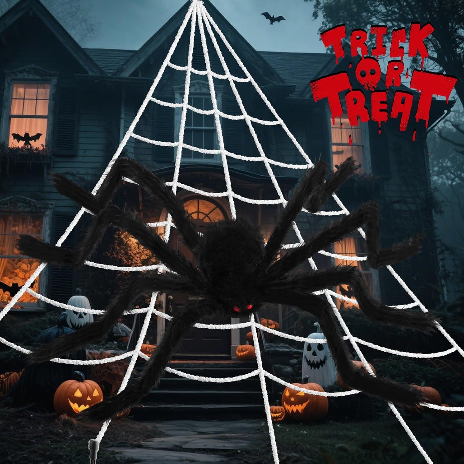 240'' Big Spider Web Halloween Decor+70'' Huge Spider for Roof with Triangular Big Web for on House outside and Inside