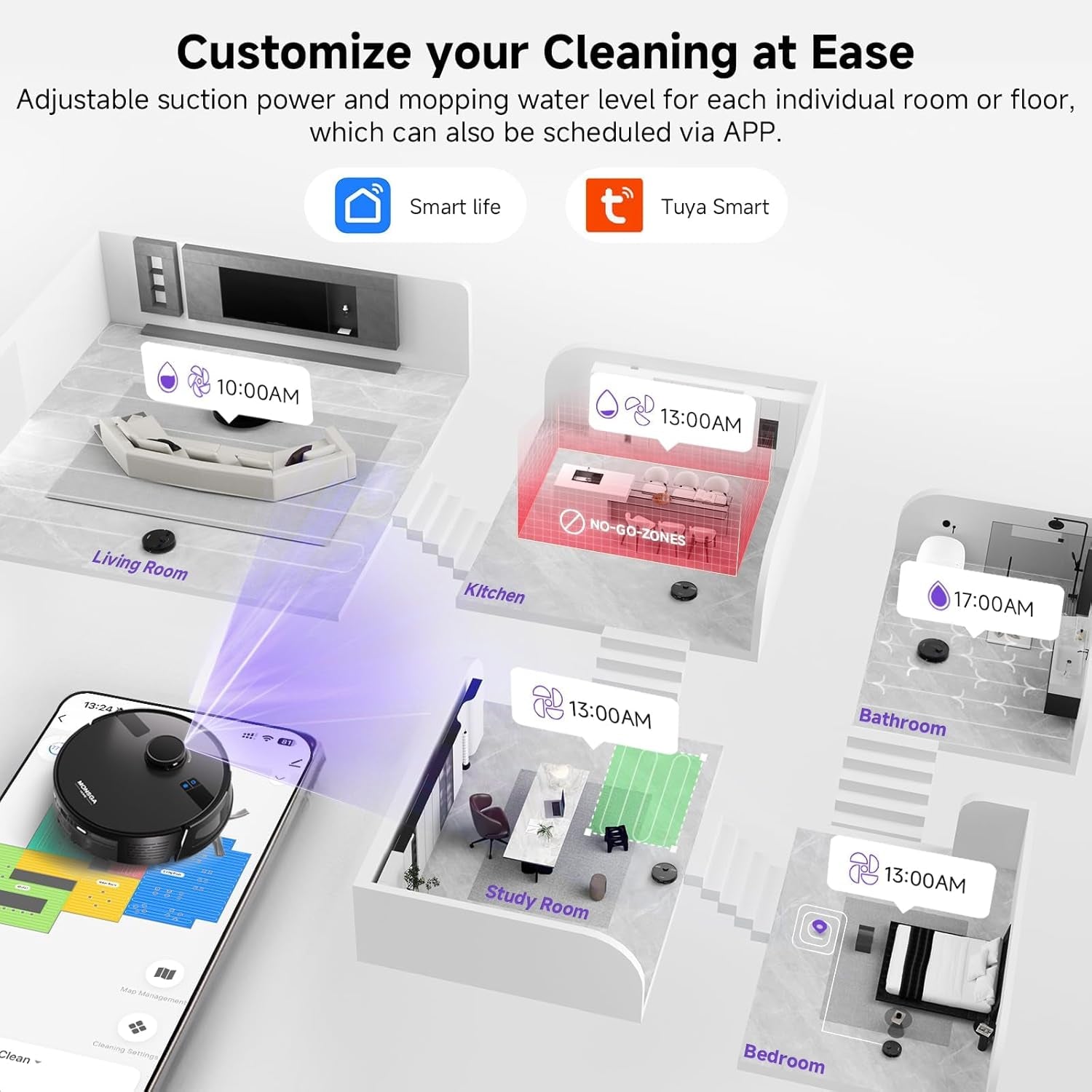 Robot Vacuum and Mop Combo, 5000Pa Robotic Vacuum with 3.5L Self Emptying Station, Lidar Navigation Robot Vacuum Cleaner, 180Mins Runtime, App/Remote/Voice Control, for Hard Floors and Carpets