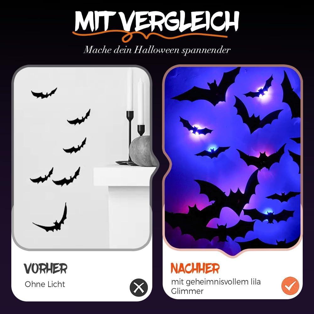 2025 New Halloween 3D Lighted Bats, LED Purple Lighted 3D Bats Halloween Decoration, Upgrade LED Glowing Bat Group Hanging Wall Luminous Glow Clings Multipack (24Pcs Black)